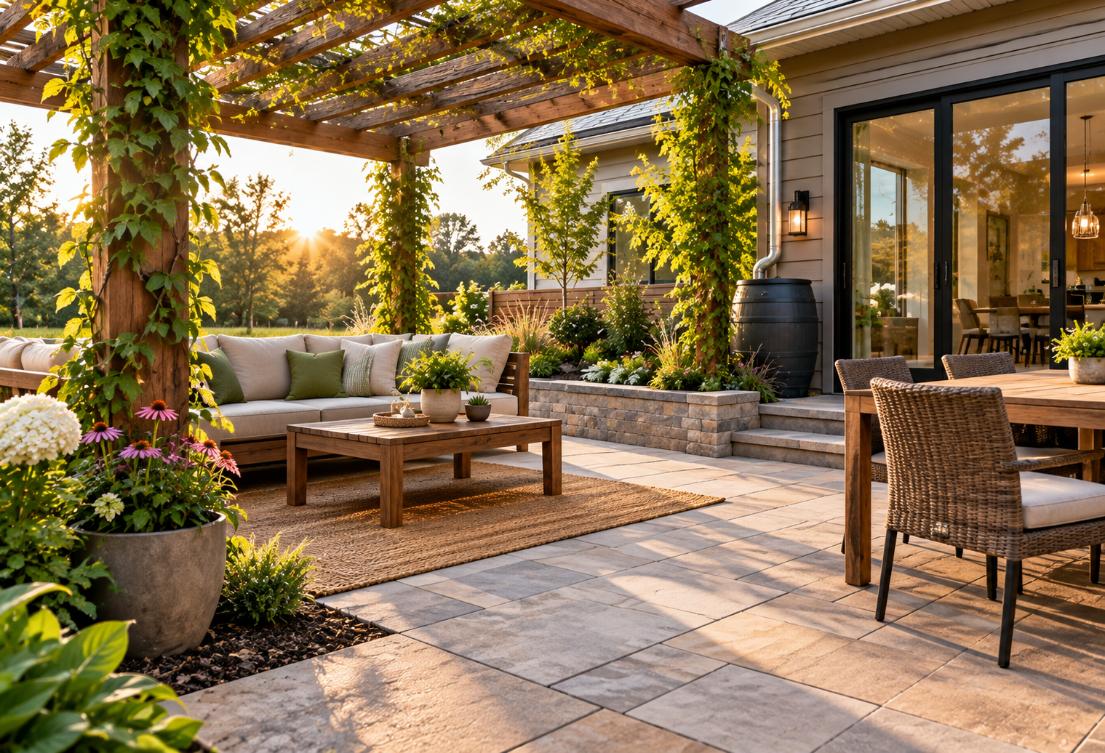 Sustainable backyard patio featuring natural stone pavers, a wooden pergola, eco-friendly outdoor furniture, lush landscaping, and a rainwater collection barrel at an Austinburg home.